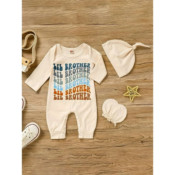 Zehjuhan Infant's "Lil Brother" Print Bodysuit & Hat & Mittens, Comfy Long Sleeve Onesie, Baby Boy's Clothing