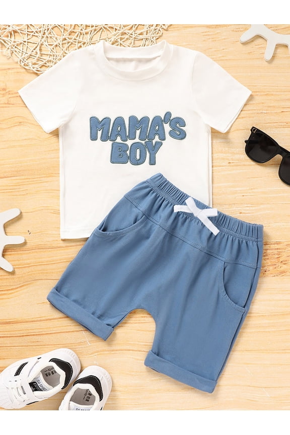 Mamas Boy Letter Embroidery T Shirt Tops Elastic Waist Shorts Two Pieces Outfits, Blue, 18-24 Months