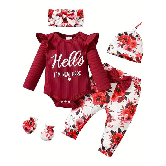 Zehjuhan Newborn Baby Girl Clothes Hello I'm New Here Letter Romper+Floral Pants+Hat+Headband+Gloves Coming Home Outfits