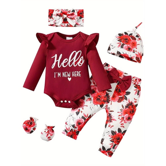 Zehjuhan Newborn Baby Girl Clothes Hello I'm New Here Letter Romper+Floral Pants+Hat+Headband+Gloves Coming Home Outfits