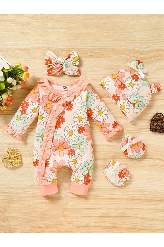 Newborn Girl Sunflower Jumpsuit Baby Girl Long Sleeve Ruffle Floral Romper Overall+Headband+Hat+Gloves 4Pcs Coming Home Outfits