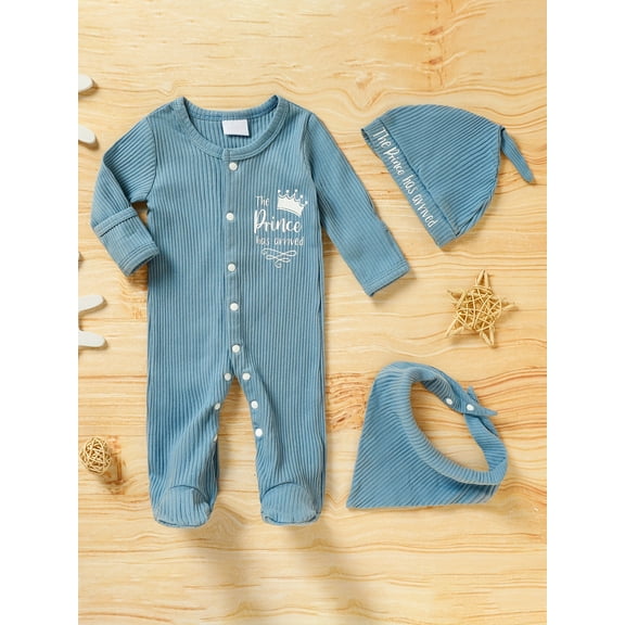Zehjuhan Newborn Infant Baby Boy Coming Homing Clothes Letter Print Button Knit Footed Romper Jumpsuit Hat Bibs 3pcs Outfit