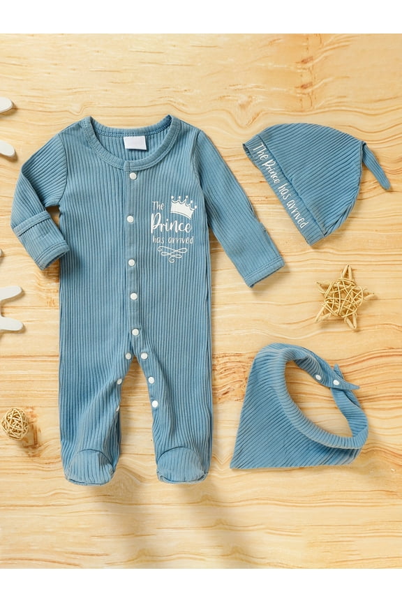 Newborn Infant Baby Boy Coming Homing Clothes Letter Print Button Knit Footed Romper Jumpsuit Hat Bibs 3pcs Outfit