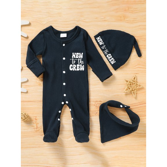 Zehjuhan Newborn Infant Baby Boy Coming Homing Clothes Letter Print Button Knit Footed Romper Jumpsuit Hat Bibs 3pcs Outfit