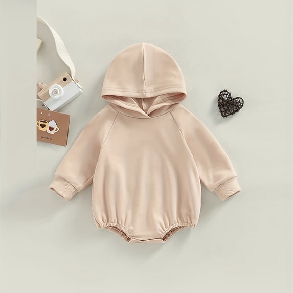 Zehjuhan Toddler Baby Boy Girl Solid Color Long Sleeve Hooded Sweatshirt Romper Snap Bottom Fall Winter Clothes Beige,0-3M