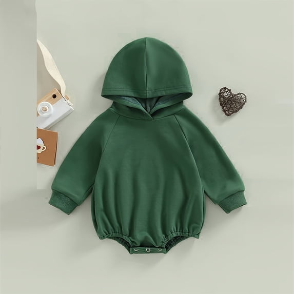 Zehjuhan Toddler Baby Boy Girl Solid Color Long Sleeve Hooded Sweatshirt Romper Snap Bottom Fall Winter Clothes Green,9-12M