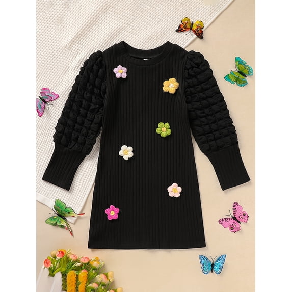 Zehjuhan Toddler Baby Girl Dresses Kids Long Sleeve Floral Print Knit Fall Winter Dress for 2-7Y
