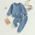 thumbnail image 1 of Zehjuhan Toddler Baby Solid Color Sweatshirt Outfit Long Sleeve Pullover Drawstring Pants Casual Fall Winter Blue，3-6M, 1 of 7