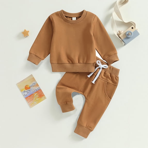 Zehjuhan Toddler Baby Solid Color Sweatshirt Outfit Long Sleeve Pullover Drawstring Pants Casual Fall Winter Brown,12-18M