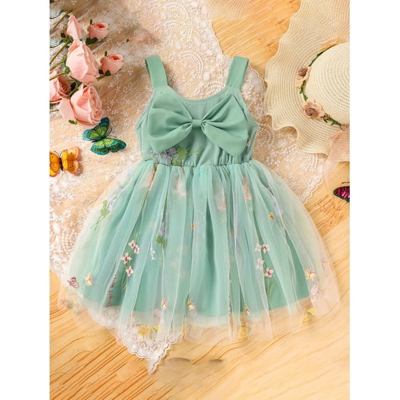 Zehjuhan Toddler Girl Dress Sleeveless Floral Playwear Bowknot Tulle Dresses Strap Princess Sundress