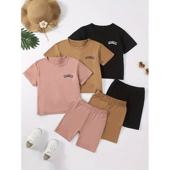 Zehjuhan Toddler Girl's Summer Outfits 6Pcs Letter Print Short Sleeve T-shirt and Shorts Casual Clothing Set
