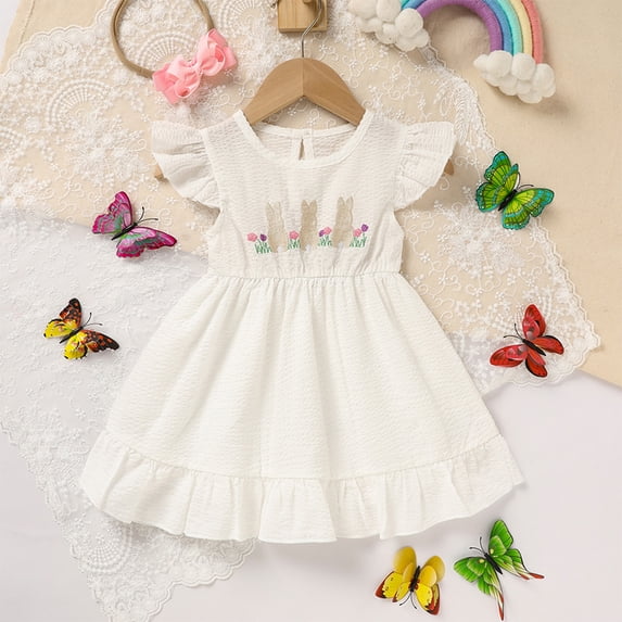 Zehjuhan Toddler Girls Easter Dress Bunny Embroidery Crewneck Short Butterfly Sleeve A-Line Back Button Closure White,9-12M