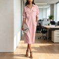 thumbnail image 1 of Zehjuhan Women's Elegant Solid Color Lapel Button-Front Midi Shirt Dress – Short Sleeve with Pockets for Office & Formal Wear Pink，S, 1 of 2