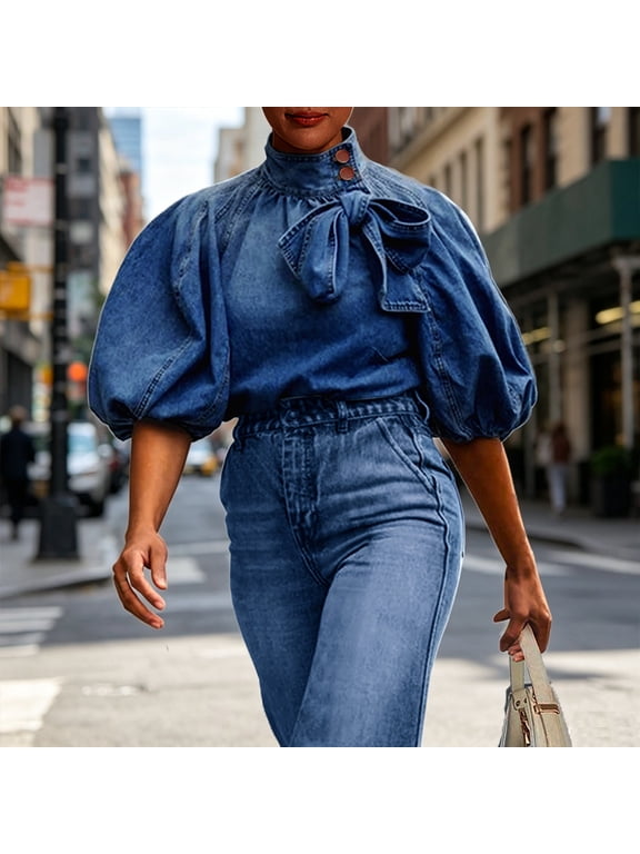 Women's Fashion Denim Pullover Top with Puff Mid Sleeves Stand Collar Metal Buttons & Bow Ties – Casual Vacation Wear Dark Blue,XL