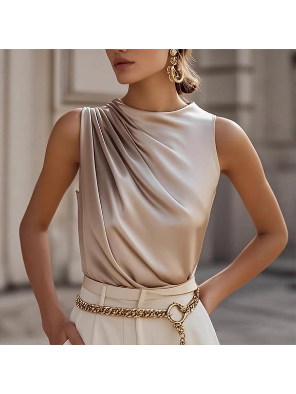 Women's Sleeveless Half High Collar Ruffle Trim Shell Top for Polished Office & Casual Layering Champagne,S