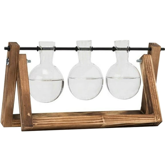 Zehuanyu 3pcs Hydroponic Container Transparent Glass Vase with 1pc Wooden Stand Flower Planter Wooden Art Flowerpot for Home Office Decoration