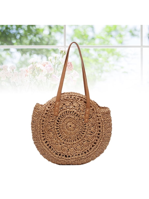 Round Straw Beach Bag Vintage Handmade Woven Shoulder Bag Circle Rattan Bag Bohemian Summer Vacation Casual Bag Travel Tote(Khaki)