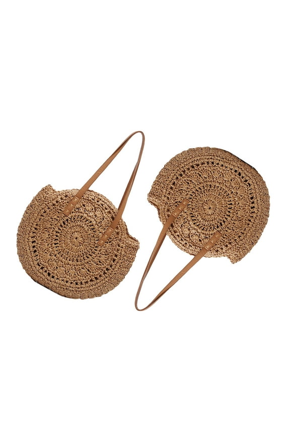 Round Straw Beach Bag Vintage Handmade Woven Shoulder Bag Circle Rattan Bag Bohemian Summer Vacation Casual Bag Travel Tote(Khaki)