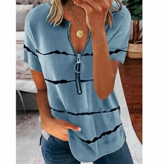 Zeiger Women Casual Tops Loose Zipper V-neck T-shirt Comfortable Striped Shirts Ladies Short Sleeve Tops