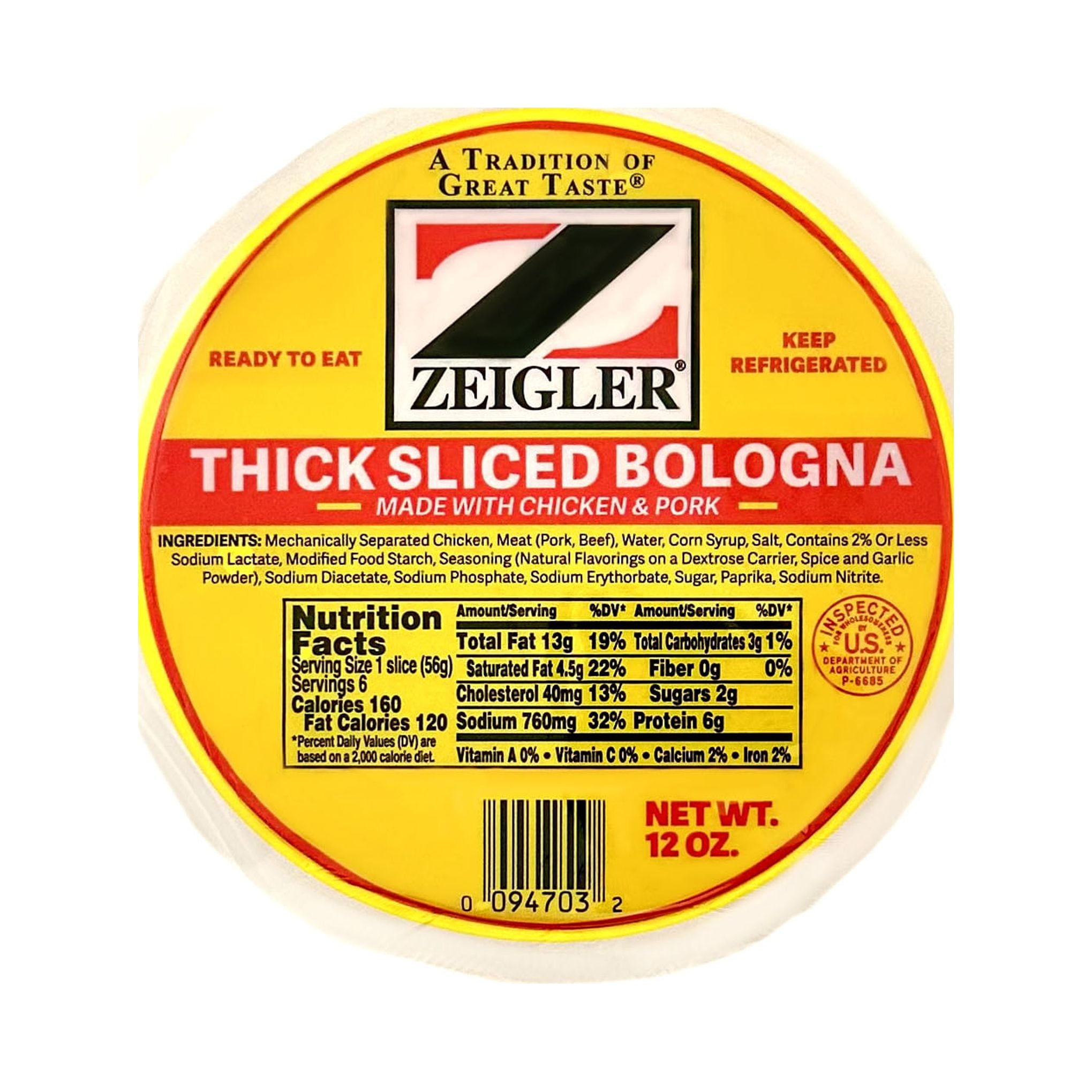 Zeigler Thick Sliced Bologna Lunch Meat, 12 oz., Serving Size 1 Slice