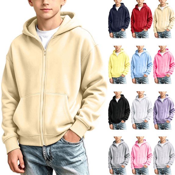 Zeijnsda Boys Sweatshirts Zip-Up Solid Color Hoodies Coats Kids Long Sleeves Hooded Sweatshirts with Pockets Size 4-15 Years