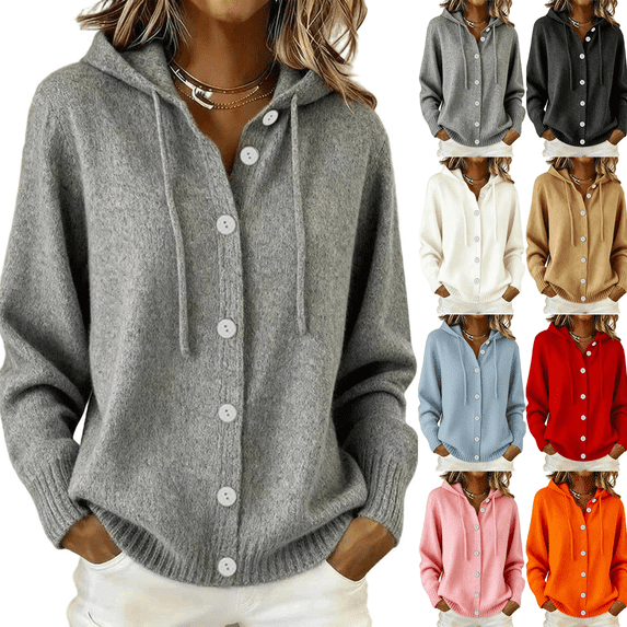 Zeijnsda Cardigan Sweaters for Women Long Sleeved Hooded Sweaters Women's Fashion Button Cardigan Winter Warm Knit Sweater Coats