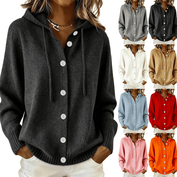 Zeijnsda Cardigan Sweaters for Women Long Sleeved Hooded Sweaters Women's Fashion Button Cardigan Winter Warm Knit Sweater Coats