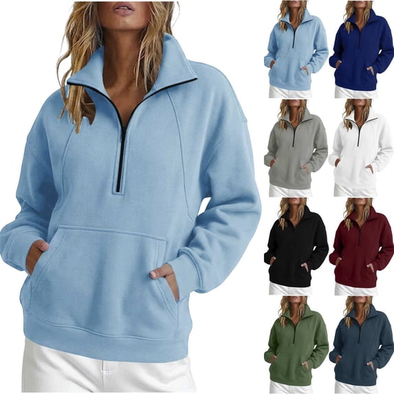 Zeijnsda Casual Sweatshirt for Women Fashion Half-Zip Lapel Hoodless Sweatshirts Solid Color Daily Sports Tops Loose Long Sleeved Pullover Shirts