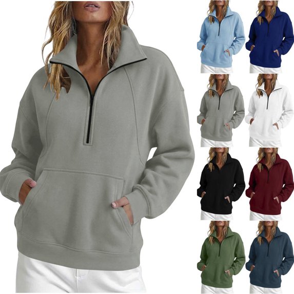 Zeijnsda Casual Sweatshirt for Women Fashion Half-Zip Lapel Hoodless Sweatshirts Solid Color Daily Sports Tops Loose Long Sleeved Pullover Shirts