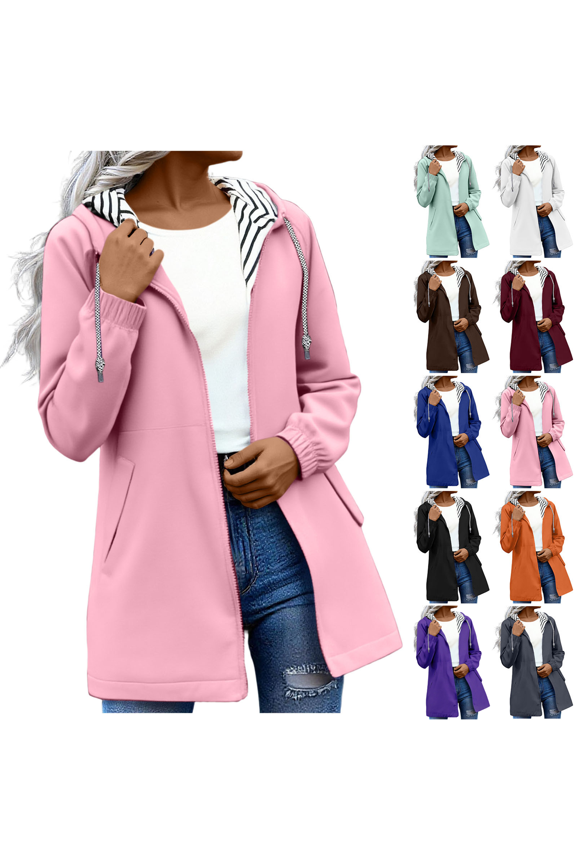 Hooded Jackets for Women Autumn Winter Warm Midi Outerwear Solid Color Windproof Loose Fit Jackets Fashion Zip-Up Hooded Coat with Striped Lining