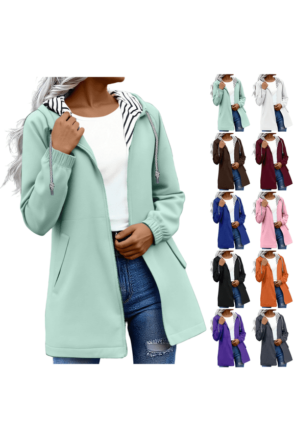 Hooded Jackets for Women Autumn Winter Warm Midi Outerwear Solid Color Windproof Loose Fit Jackets Fashion Zip-Up Hooded Coat with Striped Lining