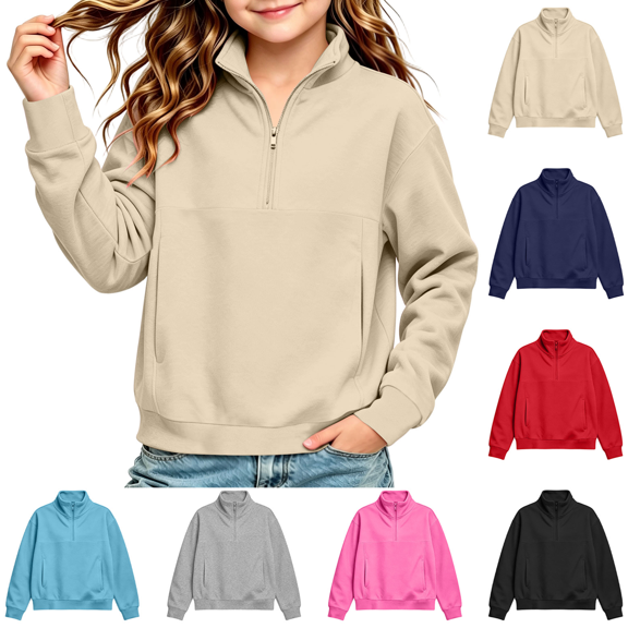 Zeijnsda Kids Sweatshirts Stylish Athletic Loose Fit Sweatshirts Girls Half Zip Stand Collar Tops Fall Winter Comfy Pullover Tops Sizes 5-15 Years
