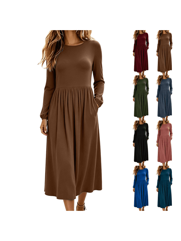 Long Dresses for Women Autumn Winter Long Sleeve Dresses Solid Color Crew Neck Maxi Dresses Gathered Waist & Flowy Hem Midi Dresses with Pockets