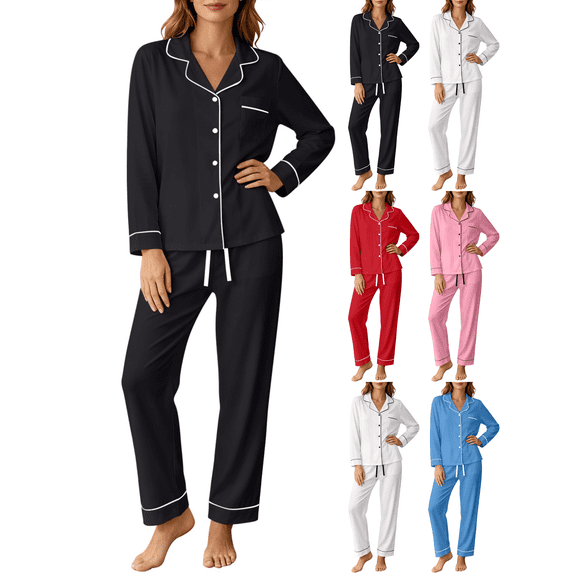 Zeijnsda Lounge Sets for Women Stylish Button-Down Long Sleeve Tops and Long Pants 2 Pieces Sets Womens Autumn Relaxed Fit Loungewear Sets with Pockets