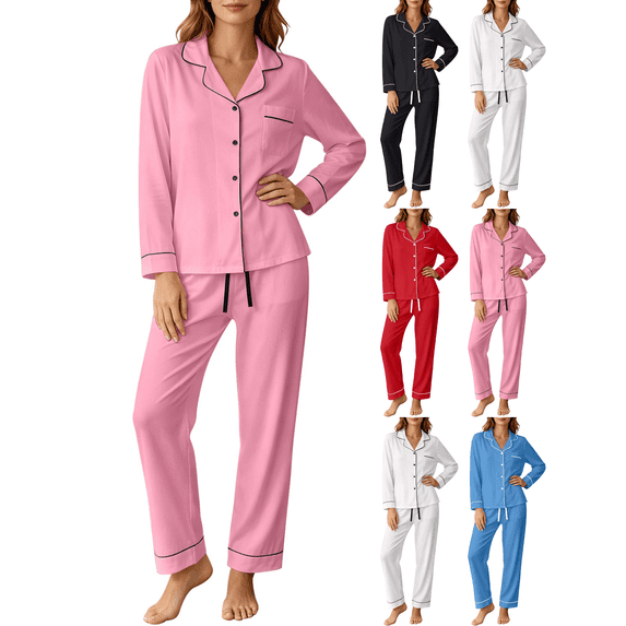 Zeijnsda Lounge Sets for Women Stylish Button-Down Long Sleeve Tops and Long Pants 2 Pieces Sets Womens Autumn Relaxed Fit Loungewear Sets with Pockets