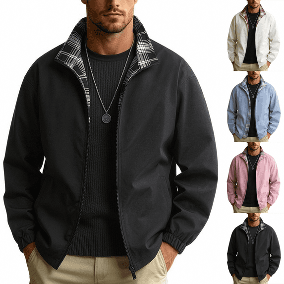 Zeijnsda Mens Jackets Casual Waterproof Warm Jackets Solid & Plaid Double-Sided Wear Coat Outdoor Sports Loose Zipper Outerwear