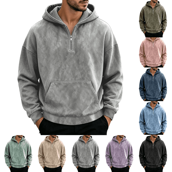 Zeijnsda Mens Loose Sweatshirts Fashion Half-Zipper Hoodies Solid Color Long Sleeved Hooded Sweatshirts Men's Oversized Pocket Hoodies
