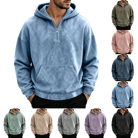 Zeijnsda Mens Loose Sweatshirts Fashion Half-Zipper Hoodies Solid Color Long Sleeved Hooded Sweatshirts Men's Oversized Pocket Hoodies