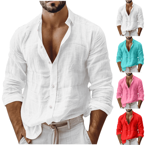Zeijnsda Mens Shirts Breathable Cotton Linen Long Sleeve Blouse Lapel Button Up Solid Color Shirts Spring Summer Lightweight Mens Cardigan
