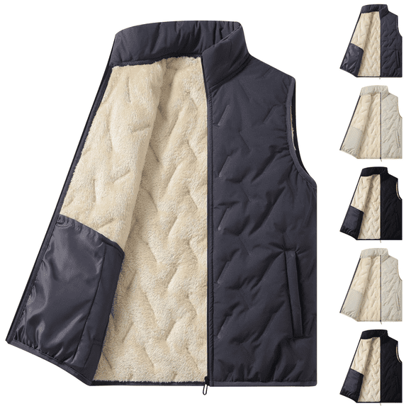 Zeijnsda Mens Warm Vests Fall Winter Fleece Lined Sleeveless Jackets Fashion Stand Collar Zip Up Vests Solid Color Hoodless Outerwear with Pockets