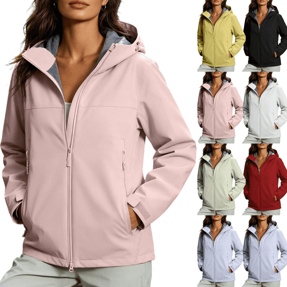 Zeijnsda Outdoor Jackets for Women Solid Color Hooded Outerwear Fashion Versatile Hiking Coat with Zipper Pockets for Autumn Winter Outdoor Activities