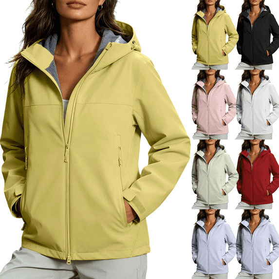 Zeijnsda Outdoor Jackets for Women Solid Color Hooded Outerwear Fashion Versatile Hiking Coat with Zipper Pockets for Autumn Winter Outdoor Activities