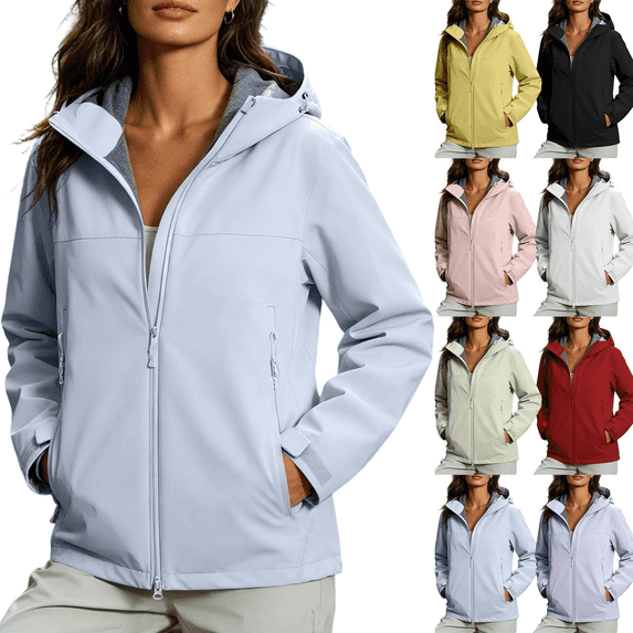 Zeijnsda Outdoor Jackets for Women Solid Color Hooded Outerwear Fashion Versatile Hiking Coat with Zipper Pockets for Autumn Winter Outdoor Activities