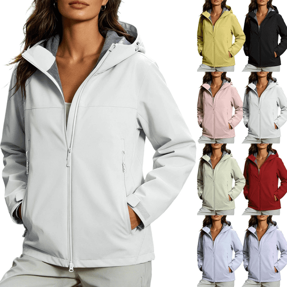 Zeijnsda Outdoor Jackets for Women Solid Color Hooded Outerwear Fashion Versatile Hiking Coat with Zipper Pockets for Autumn Winter Outdoor Activities