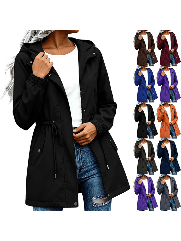 Outdoor Jackets for Women Autumn Winter Zip-Up Midi Jackets Sporty Outfits Hooded Coat Waist Drawstring Pockets Warm Outerwear