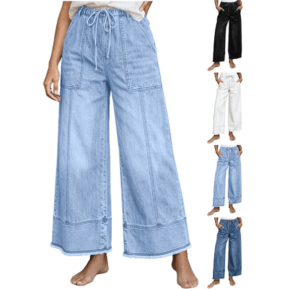 Zeijnsda Wide Leg Jeans for Women Drawstring High-Waisted Baggy Jeans Solid Color Wide-Leg Heavyweight Jeans Vintage Hem Denim Long Pants