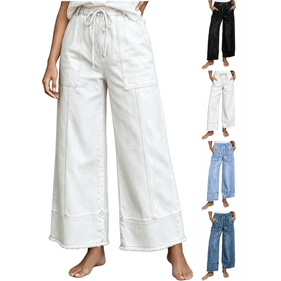Zeijnsda Wide Leg Jeans for Women Drawstring High-Waisted Baggy Jeans Solid Color Wide-Leg Heavyweight Jeans Vintage Hem Denim Long Pants