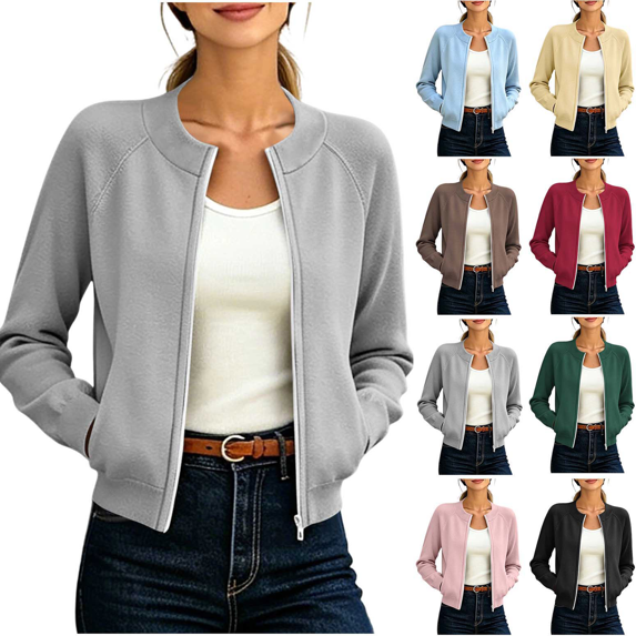 Zeijnsda Women's Short Coats Casual Crew Neck Long-Sleeved Outercoats Womens Solid Color Zip-Up Jackets Thin Comfy Spring Outfits Cardigan