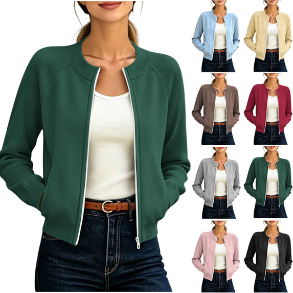 Zeijnsda Women's Short Coats Casual Crew Neck Long-Sleeved Outercoats Womens Solid Color Zip-Up Jackets Thin Comfy Spring Outfits Cardigan