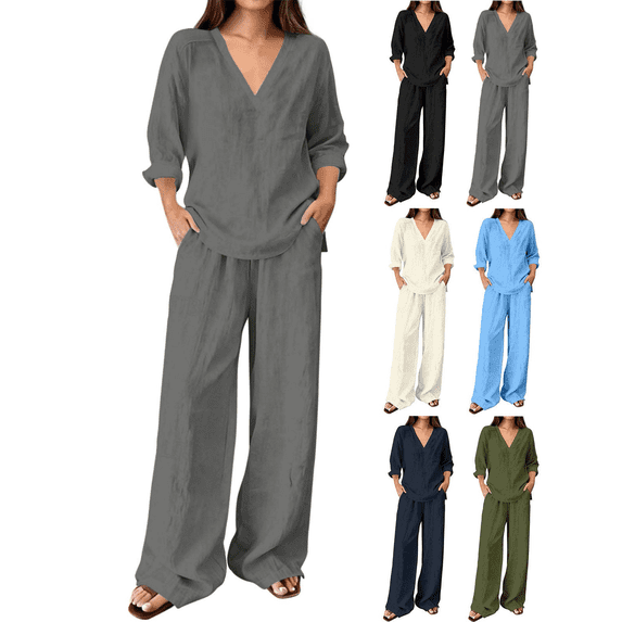 Zeijnsda Womens 2 Pieces Sets Thin Relaxed Solid Color Lounge Sets V-Neck Long Sleeve Tops and Straight-leg Pockets Trousers Daily Leisure Sets